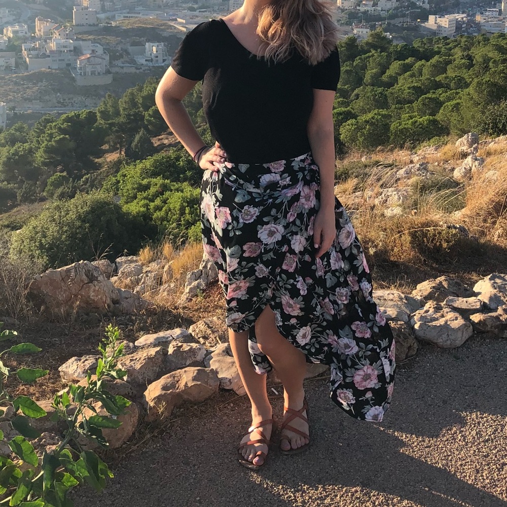 Floral hi-low midi wrap skirt